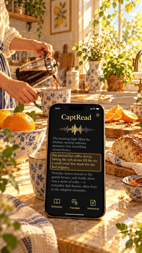 Someone pouring coffee in a sunlit kitchen with CaptRead propped nearby, reading a passage aloud